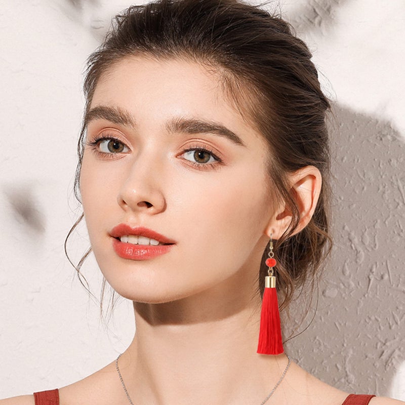 LOYALLOOK Red Tassel Earrings For Women Fan Shape Tassel Earrings Long Thread Tassel Earrings Set for Women Dangling - Image 5